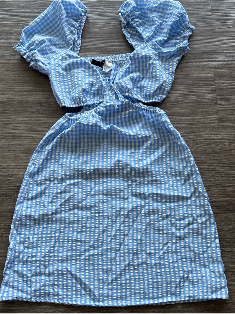 Divided Blue and White Gingham Cutout Dress
